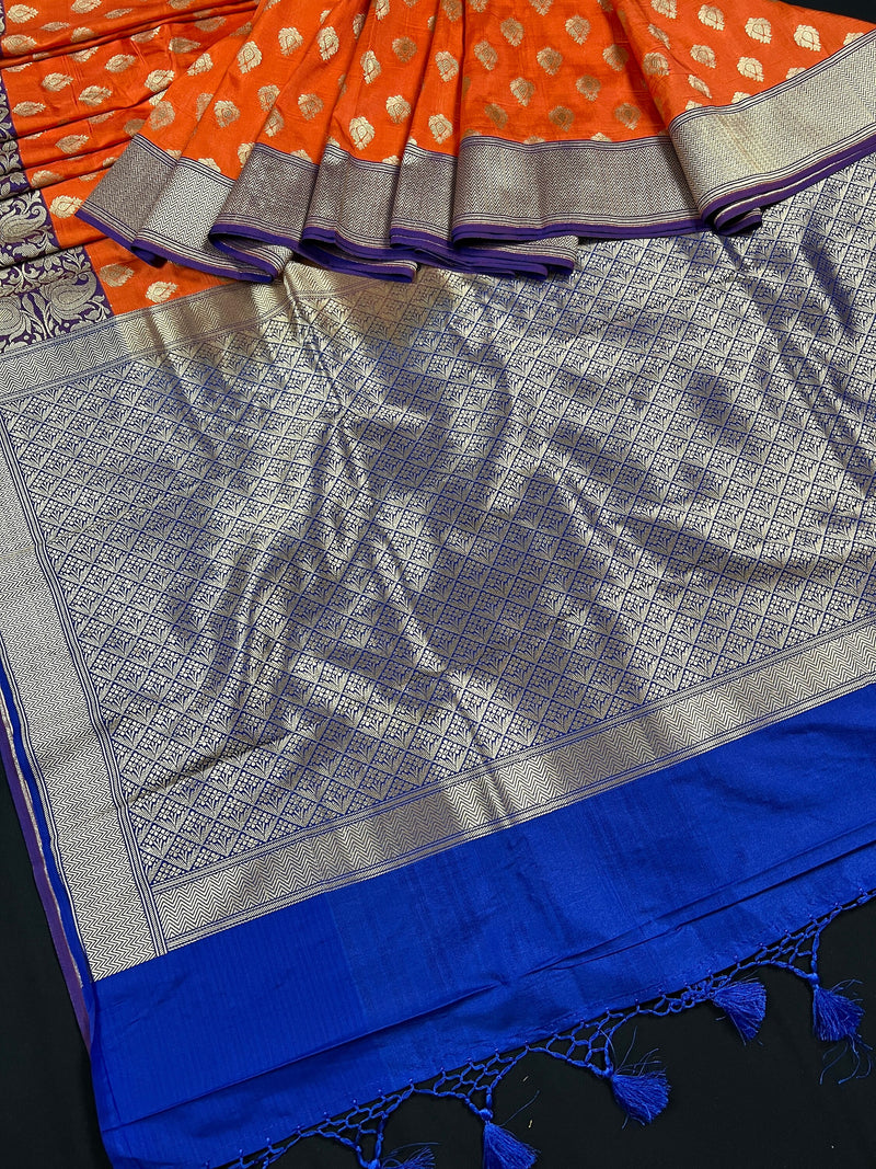 Orange Traditional Banarasi handloom Saree Silk with Purple Wide  Borders and Blue Pallu | Banarasi Silk Saree | Kaash Collection