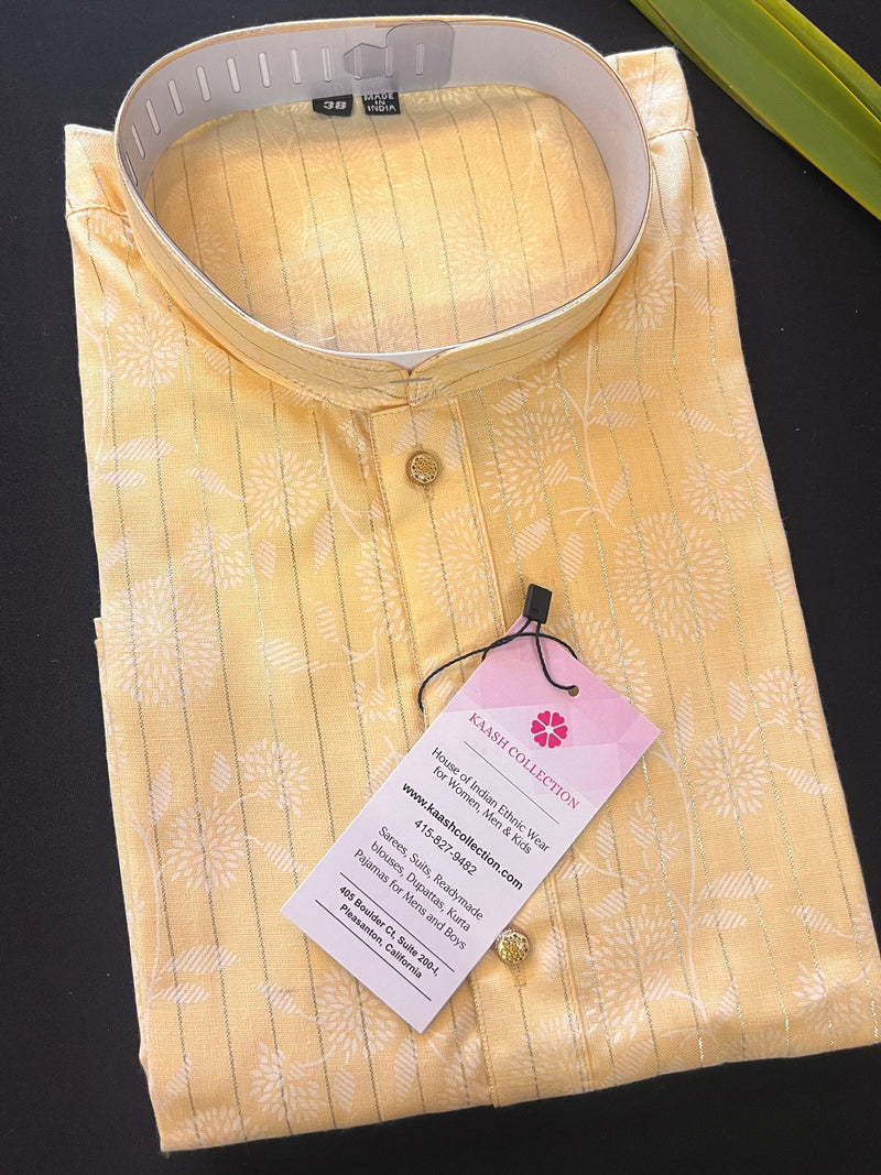 Pastel Light Yellow Color Cotton Silk Kurta with Digital Prints and Zari Stripes | Mens Kurta Pajama Set | Mens Ethnic Wear