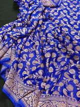 Royal Blue Color Pure Khaddi Georgette Banarasi Silk Saree with Antique Copper Zari Weave | Royal Blue Color Saree | SILK MARK CERTIFIED - Kaash