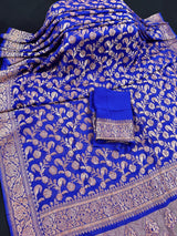 Royal Blue Color Pure Khaddi Georgette Banarasi Silk Saree with Antique Copper Zari Weave | Royal Blue Color Saree | SILK MARK CERTIFIED - Kaash