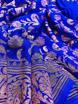 Royal Blue Color Pure Khaddi Georgette Banarasi Silk Saree with Antique Copper Zari Weave | Royal Blue Color Saree | SILK MARK CERTIFIED - Kaash