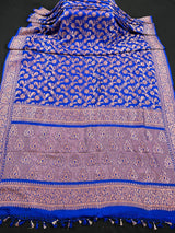 Royal Blue Color Pure Khaddi Georgette Banarasi Silk Saree with Antique Copper Zari Weave | Royal Blue Color Saree | SILK MARK CERTIFIED - Kaash