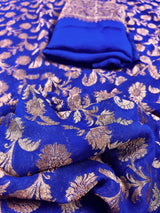 Royal Blue Color Pure Khaddi Georgette Banarasi Silk Saree with Antique Copper Zari Weave | Royal Blue Color Saree | SILK MARK CERTIFIED - Kaash