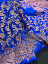 Royal Blue Color Pure Khaddi Georgette Banarasi Silk Saree with Antique Copper Zari Weave | Royal Blue Color Saree | SILK MARK CERTIFIED - Kaash