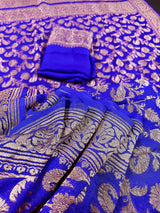 Royal Blue Color Pure Khaddi Georgette Banarasi Silk Saree with Antique Copper Zari Weave | Royal Blue Color Saree | SILK MARK CERTIFIED - Kaash