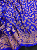 Royal Blue Color Pure Khaddi Georgette Banarasi Silk Saree with Antique Copper Zari Weave | Royal Blue Color Saree | SILK MARK CERTIFIED - Kaash