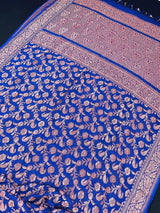 Royal Blue Color Pure Khaddi Georgette Banarasi Silk Saree with Antique Copper Zari Weave | Royal Blue Color Saree | SILK MARK CERTIFIED - Kaash