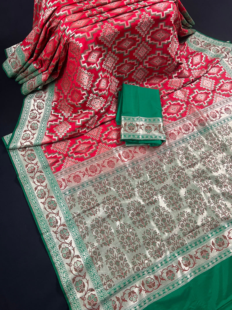 Red and Green Ikkat Design Banarasi Silk Weaved Saree with Paitani Style Borders with Meenakari | Banarasi Soft Handloom Silk Sarees
