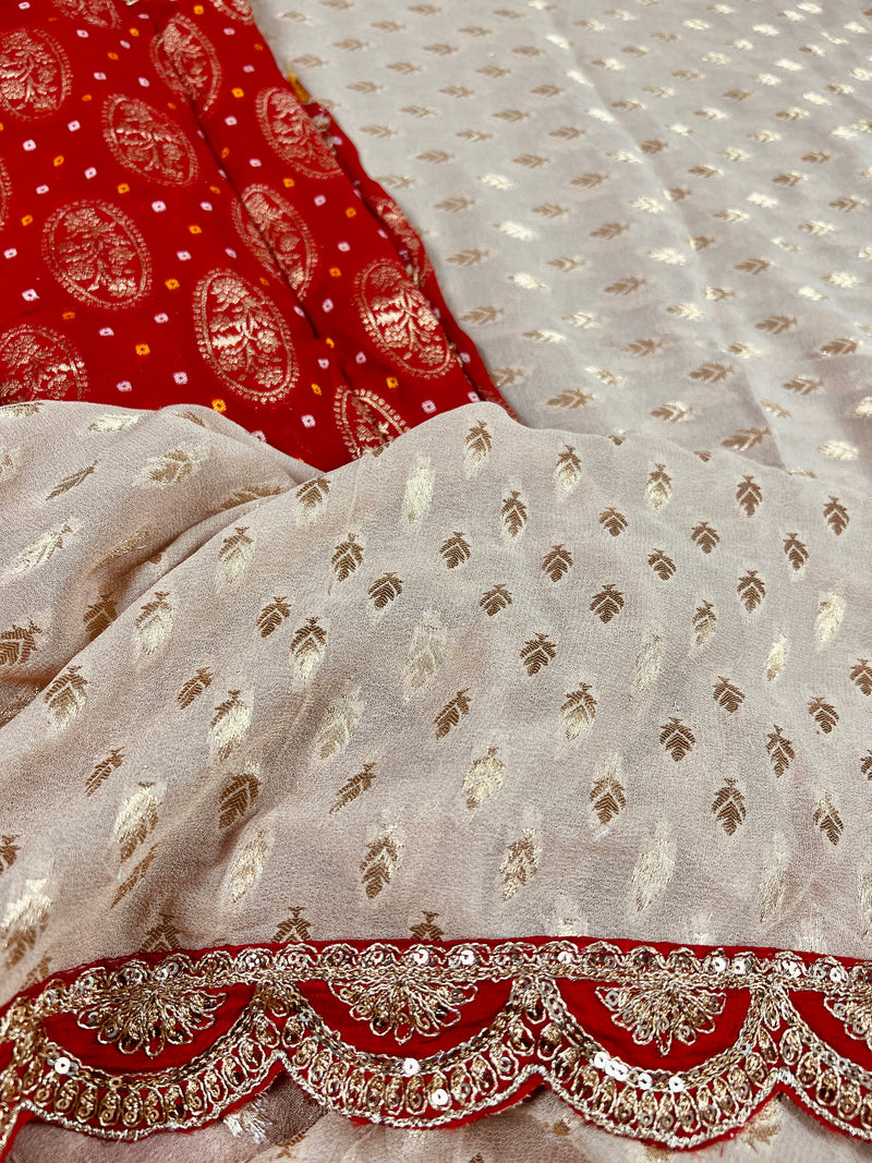Pure Khaddi Georgette Banarasi Silk Beige and Red Color with small Gold Buttis | Sabayachi Inspired Handwork Borders and Pallu