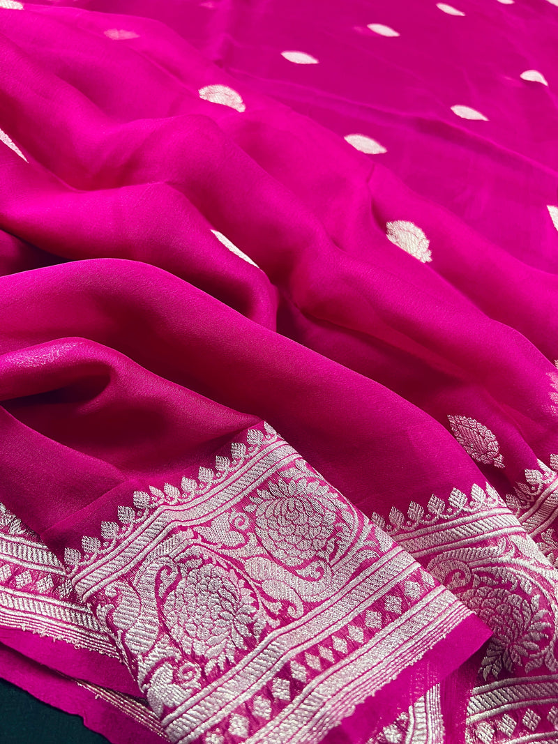 Pink Color Pure Chiffon Silk Saree with Sliver Zari Work | Ambi Style Butta on the Border | Party Wear Sarees | SILK MARK CERTIFIED