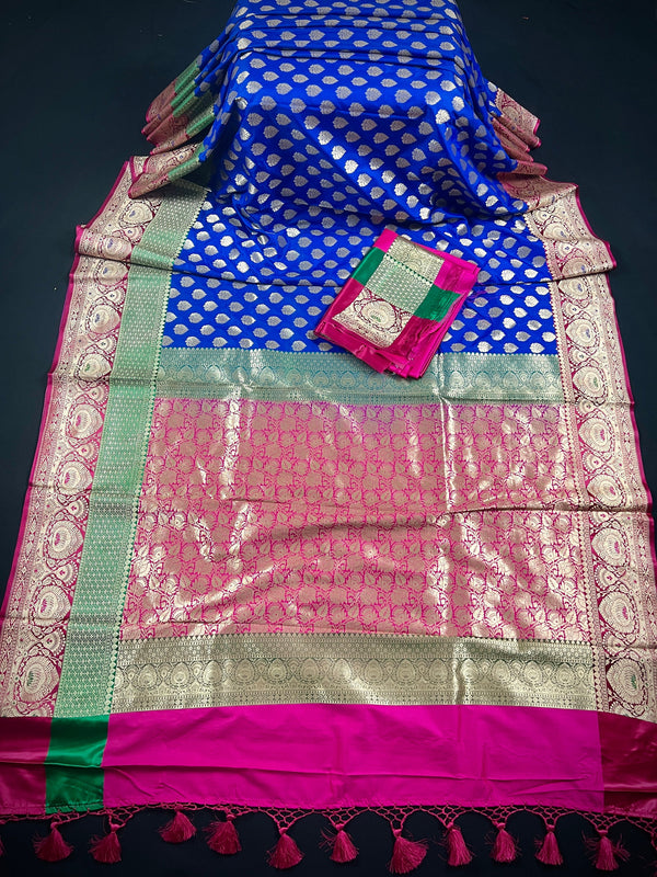 Royal Blue with Bottle Green and Dark Pink Color combination Traditional Handloom Banarasi Saree with Satin Border | Handwoven Sarees