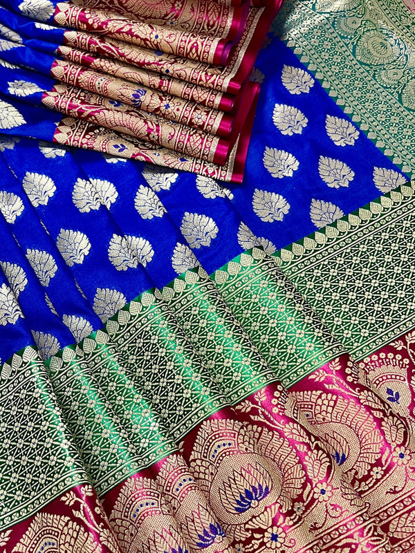 Royal Blue with Bottle Green and Dark Pink Color combination Traditional Handloom Banarasi Saree with Satin Border | Handwoven Sarees