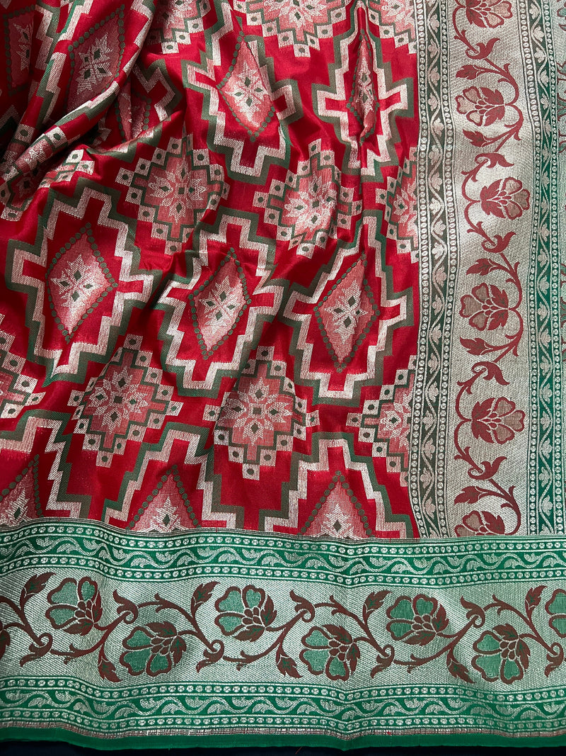 Red and Green Ikkat Design Banarasi Silk Weaved Saree with Paitani Style Borders with Meenakari | Banarasi Soft Handloom Silk Sarees