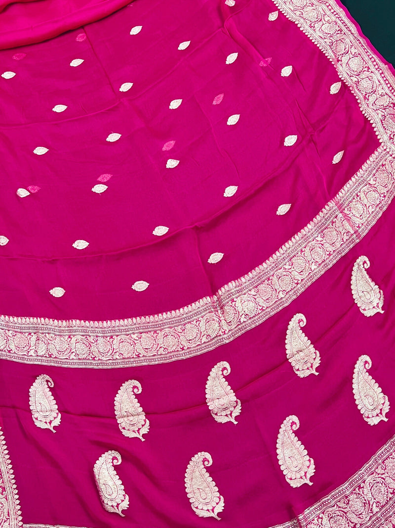 Pink Color Pure Chiffon Silk Saree with Sliver Zari Work | Ambi Style Butta on the Border | Party Wear Sarees | SILK MARK CERTIFIED