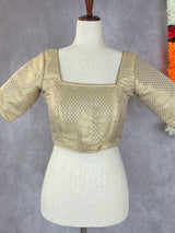 Kiara Advani-Inspired Cream Gold Banarasi ready-to-wear blouse with cream gold with gold buttis — Kaash Collection
