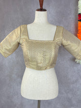 Kiara Advani-Inspired Cream Gold Banarasi ready-to-wear blouse with cream gold with gold buttis — Kaash Collection