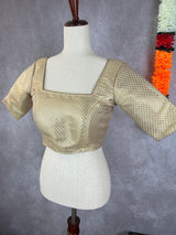 Kiara Advani-Inspired Cream Gold Banarasi ready-to-wear blouse with cream gold with gold buttis — Kaash Collection