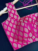 Kiara Advani Inspired Hot Pink Color Stitched Sleeveless Blouse with Gold Buttis Pure Banarasi - Kaash