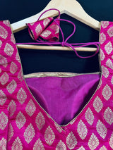 Kiara Advani Inspired Hot Pink Color Stitched Sleeveless Blouse with Gold Buttis Pure Banarasi - Kaash
