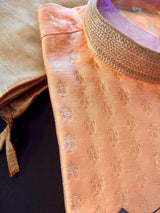 Light Peach Banarasi Silk Kurta Pajama Set for Men with small zari buttis Weaving - Kaash
