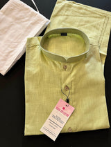 Light Pista Green Color Linen Cotton Kurta Pajama for Men with White Pajama - Kaash