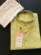 Light Pista Green Color Linen Cotton Kurta Pajama for Men with White Pajama - Kaash