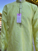 Lime Color Silk Men Kurta Pajama with Weave Work | Designer Men Kurta Pajama Set | Kurta Pajama Set in USA | Kaash Collection - Kaash