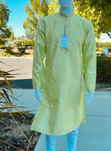 Lime Color Silk Men Kurta Pajama with Weave Work | Designer Men Kurta Pajama Set | Kurta Pajama Set in USA | Kaash Collection - Kaash