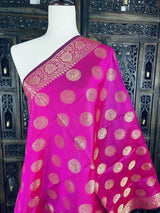 Magenta Pink Banarasi Silk Chakra Designer Dupatta with black color tassels on the ends | Light Weight Dupatta | Benarasi Dupatta - Kaash