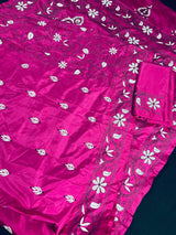 Magenta Pink Bangalori Silk Kantha saree in bangalori silk with hand kantha stitch in black & white — Kaash Collection