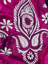 Magenta Pink color Bangalori Silk Saree with Hand Kantha Stitch | Handwoven Kantha Stitch Sarees | Kantha Saress | Embroidered Sarees - Kaash