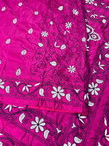 Magenta Pink color Bangalori Silk Saree with Hand Kantha Stitch | Handwoven Kantha Stitch Sarees | Kantha Saress | Embroidered Sarees - Kaash