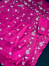 Magenta Pink color Bangalori Silk Saree with Hand Kantha Stitch | Handwoven Kantha Stitch Sarees | Kantha Saress | Embroidered Sarees - Kaash