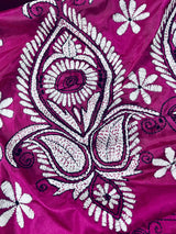 Magenta Pink color Bangalori Silk Saree with Hand Kantha Stitch | Handwoven Kantha Stitch Sarees | Kantha Saress | Embroidered Sarees - Kaash