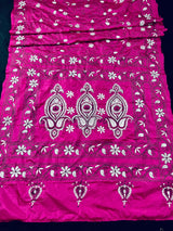 Magenta Pink color Bangalori Silk Saree with Hand Kantha Stitch | Handwoven Kantha Stitch Sarees | Kantha Saress | Embroidered Sarees - Kaash