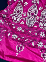 Magenta Pink color Bangalori Silk Saree with Hand Kantha Stitch | Handwoven Kantha Stitch Sarees | Kantha Saress | Embroidered Sarees - Kaash