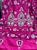 Magenta Pink color Bangalori Silk Saree with Hand Kantha Stitch | Handwoven Kantha Stitch Sarees | Kantha Saress | Embroidered Sarees - Kaash