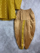Mehandi Green Boys Cotton Silk Dhoti 2-piece kurta pajama set for boys with small gold buttis with gold dhoti — Kaash Collection