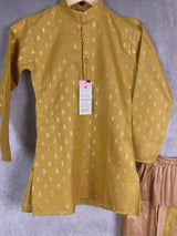 Mehandi Green Boys Cotton Silk Dhoti 2-piece kurta pajama set for boys with small gold buttis with gold dhoti — Kaash Collection