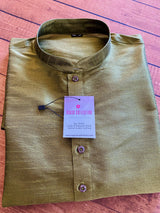Mehndi Green Color Raw Silk Indian Men Short Kurta - Kaash
