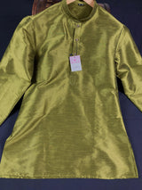 Mehndi Green Color Raw Silk Indian Men Short Kurta - Kaash