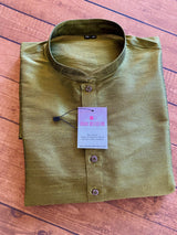 Mehndi Green Color Raw Silk Indian Men Short Kurta - Kaash