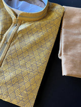 Mustard Yellow and Grey designer Men Kurta Pajama Set with tiny Sequin Work | Self Embroidered Material | Designer Mens Wear | Kurta Store - Kaash