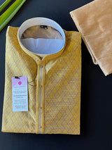 Mustard Yellow and Grey designer Men Kurta Pajama Set with tiny Sequin Work | Self Embroidered Material | Designer Mens Wear | Kurta Store - Kaash