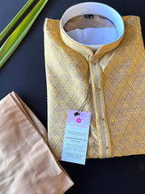 Mustard Yellow and Grey designer Men Kurta Pajama Set with tiny Sequin Work | Self Embroidered Material | Designer Mens Wear | Kurta Store - Kaash