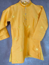 Mustard Yellow Boys Kurta Pajama Set in Soft Raw Silk with Lining | Embroidery Work | Boys Wedding Wear Kurta Sets | Kurta Pajama for Boys - Kaash