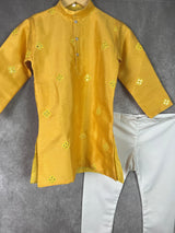 Mustard Yellow Boys Kurta Pajama Set in Soft Raw Silk with Lining | Embroidery Work | Boys Wedding Wear Kurta Sets | Kurta Pajama for Boys - Kaash