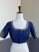 Navy Blue Color Raw Silk Ready to Wear Blouse - Kaash