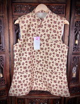 Off White men's Nehru/Modi jacket in jute soft silk with brown floral prints — Kaash Collection