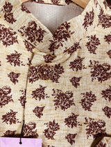 Off White men's Nehru/Modi jacket in jute soft silk with brown floral prints — Kaash Collection